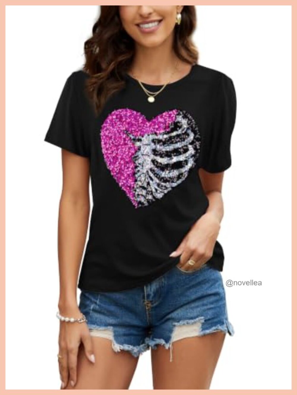 Womens Short Sleeve Sequined Skull Graphic T-Shirt Crew Neck Pullover Tee